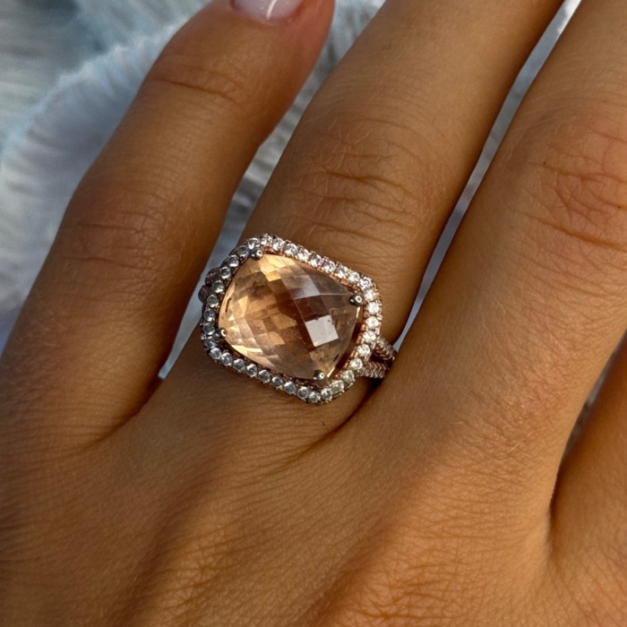 925 Sterling Silver Peach Tourmaline & CZ Ring Size 7