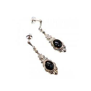 Vintage 925 Sterling Silver Onyx & Marcasites Earrings