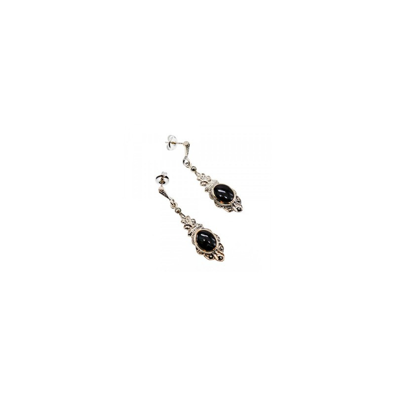 Vintage 925 Sterling Silver Onyx & Marcasites Earrings