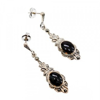 Vintage 925 Sterling Silver Onyx & Marcasites Earrings