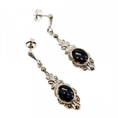 Vintage 925 Sterling Silver Onyx & Marcasites Earrings