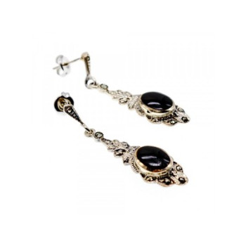 Vintage 925 Sterling Silver Onyx & Marcasites Earrings