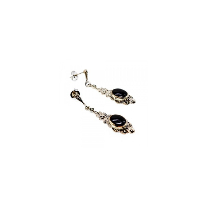 Vintage 925 Sterling Silver Onyx & Marcasites Earrings