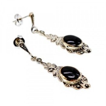 Vintage 925 Sterling Silver Onyx & Marcasites Earrings