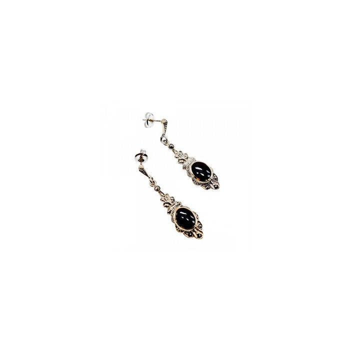 Vintage 925 Sterling Silver Onyx & Marcasites Earrings