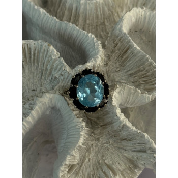 925 Sterling Silver Topaz & Sapphire Flower Ring Size 5.5