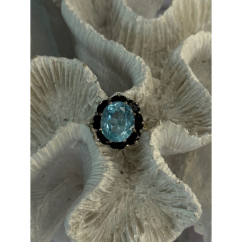 925 Sterling Silver Topaz & Sapphire Flower Ring Size 5.5