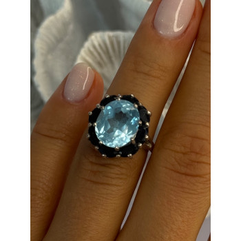 925 Sterling Silver Topaz & Sapphire Flower Ring Size 5.5