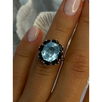 925 Sterling Silver Topaz & Sapphire Flower Ring Size 5.5