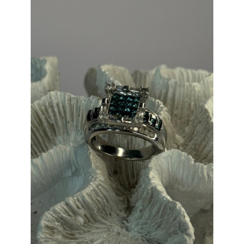10K White Gold Aquamarine & White Topaz Ring Size 8
