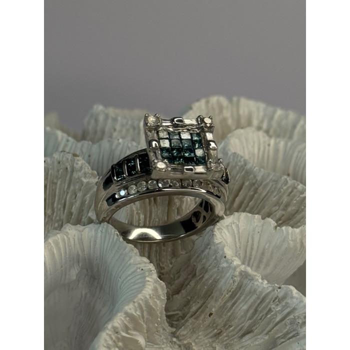 10K White Gold Aquamarine & White Topaz Ring Size 8