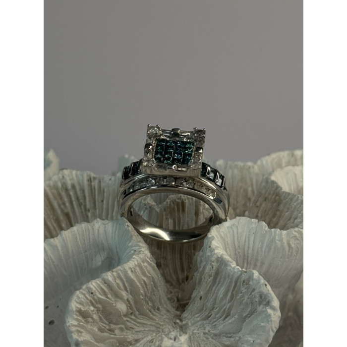 10K White Gold Aquamarine & White Topaz Ring Size 8