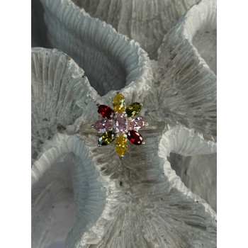 925 Sterling Silver Multi Color Spinel Flower Ring Size 7
