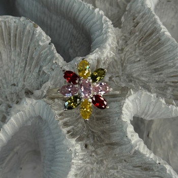 925 Sterling Silver Multi Color Spinel Flower Ring Size 7