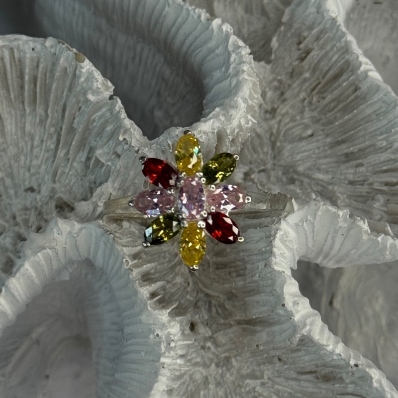 925 Sterling Silver Multi Color Spinel Flower Ring Size 7