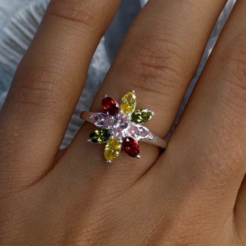 925 Sterling Silver Multi Color Spinel Flower Ring Size 7