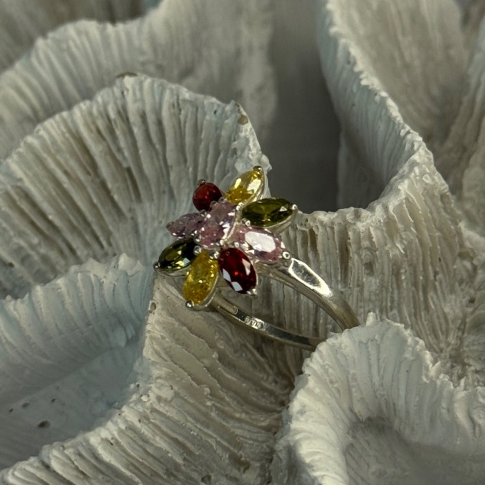 925 Sterling Silver Multi Color Spinel Flower Ring Size 7