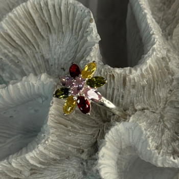 925 Sterling Silver Multi Color Spinel Flower Ring Size 7