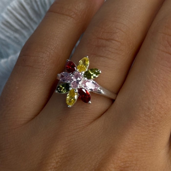 925 Sterling Silver Multi Color Spinel Flower Ring Size 7