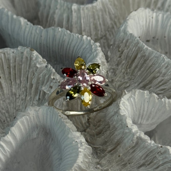 925 Sterling Silver Multi Color Spinel Flower Ring Size 7