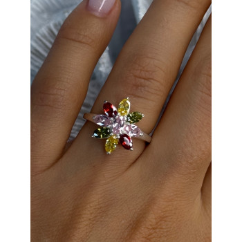 925 Sterling Silver Multi Color Spinel Flower Ring Size 7