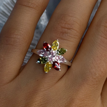 925 Sterling Silver Multi Color Spinel Flower Ring Size 7