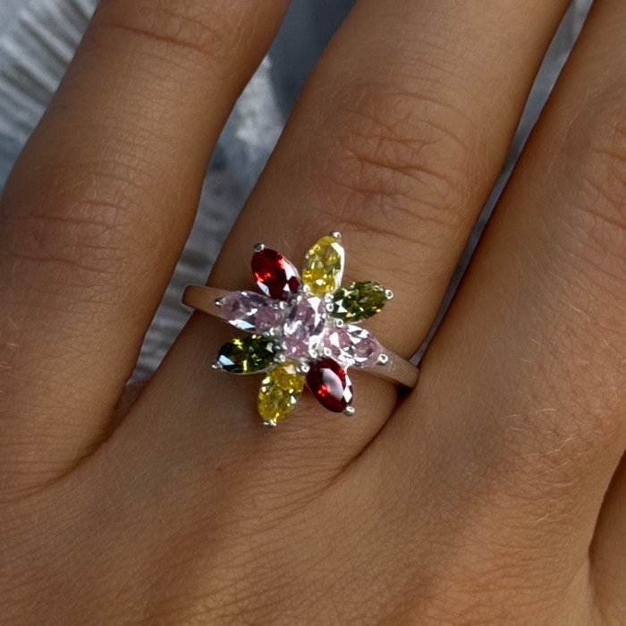 925 Sterling Silver Multi Color Spinel Flower Ring Size 7