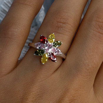 925 Sterling Silver Multi Color Spinel Flower Ring Size 7