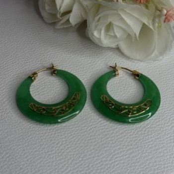925 Sterling Silver Gold Plated Green Nephrite Jade Earrings Length 1.40 Iinch