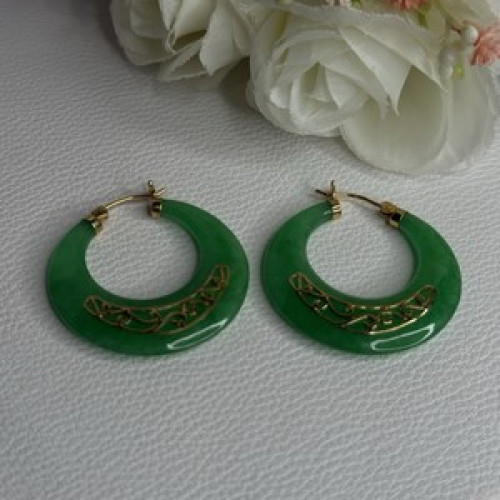 925 Sterling Silver Gold Plated Green Nephrite Jade Earrings Length 1.40 Iinch