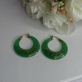 925 Sterling Silver Gold Plated Green Nephrite Jade Earrings Length 1.40 Iinch