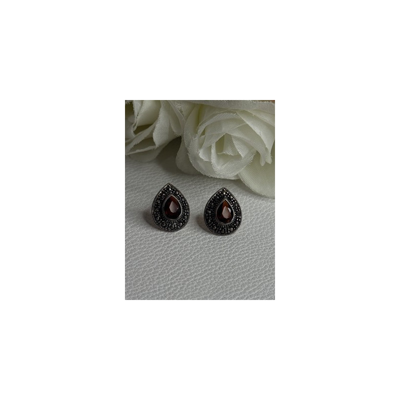 925 Sterling Silver Garnet & Marcasite Earrings Length 0.60 Inch