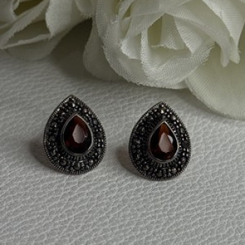 925 Sterling Silver Garnet & Marcasite Earrings Length 0.60 Inch