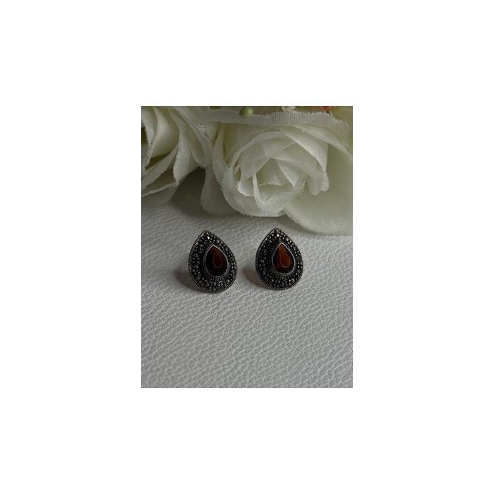 925 Sterling Silver Garnet & Marcasite Earrings Length 0.60 Inch
