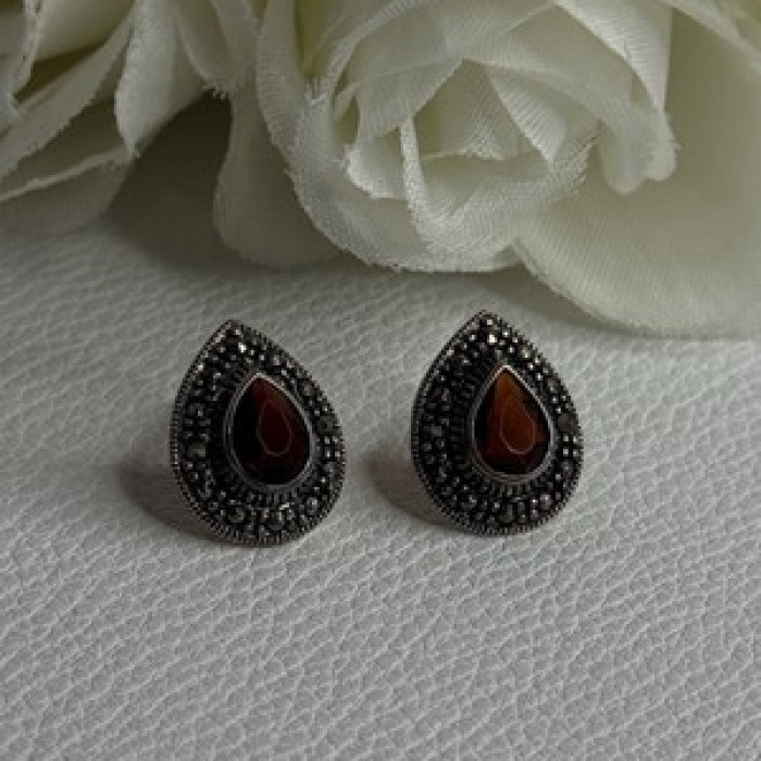 925 Sterling Silver Garnet & Marcasite Earrings Length 0.60 Inch