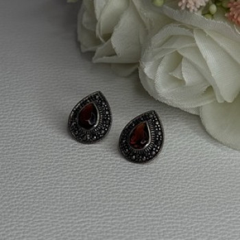 925 Sterling Silver Garnet & Marcasite Earrings Length 0.60 Inch