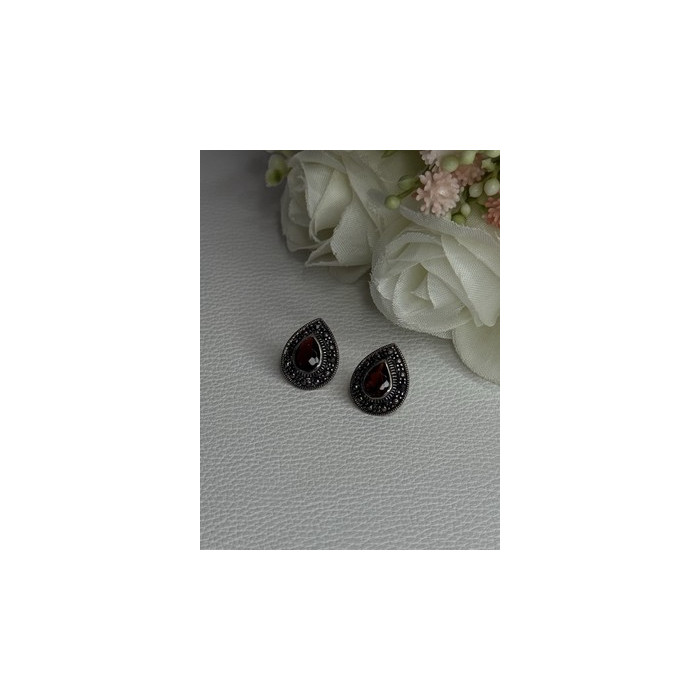925 Sterling Silver Garnet & Marcasite Earrings Length 0.60 Inch