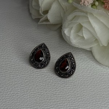 925 Sterling Silver Garnet & Marcasite Earrings Length 0.60 Inch
