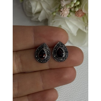 925 Sterling Silver Garnet & Marcasite Earrings Length 0.60 Inch