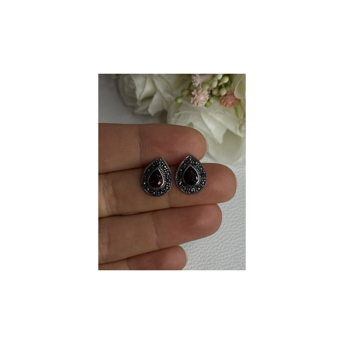 925 Sterling Silver Garnet & Marcasite Earrings Length 0.60 Inch