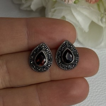 925 Sterling Silver Garnet & Marcasite Earrings Length 0.60 Inch