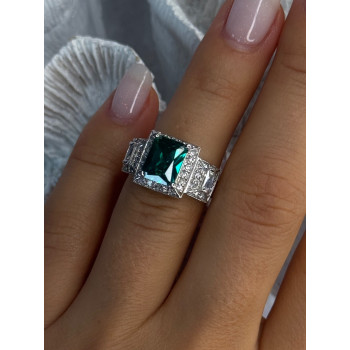 925 Sterling Silver Emerald & Cz Ring Size 6