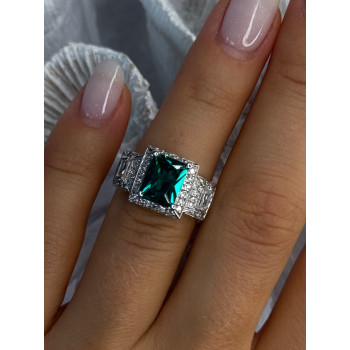 925 Sterling Silver Emerald & Cz Ring Size 6