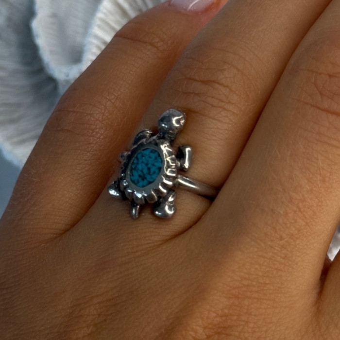 925 Sterling Silver Turtle Turquoise Ring Size 6.5