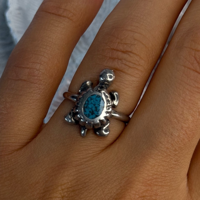 925 Sterling Silver Turtle Turquoise Ring Size 6.5