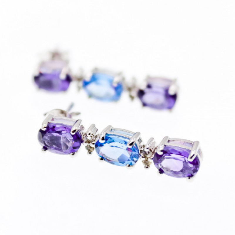 925 Sterling Silver Amethyst, Topaz & Diamonds Earrings