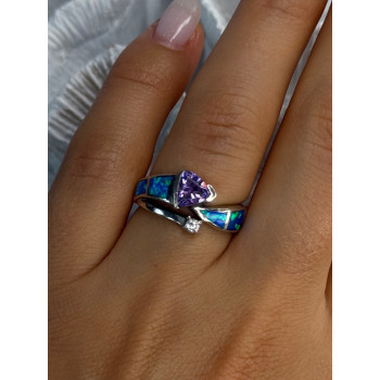925 Sterling Silver Amethyst & Beryl & Opal Ring Size 7