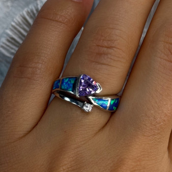 925 Sterling Silver Amethyst & Beryl & Opal Ring Size 7
