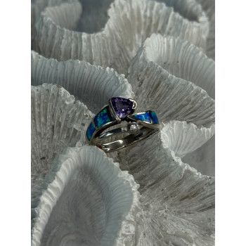 925 Sterling Silver Amethyst & Beryl & Opal Ring Size 7