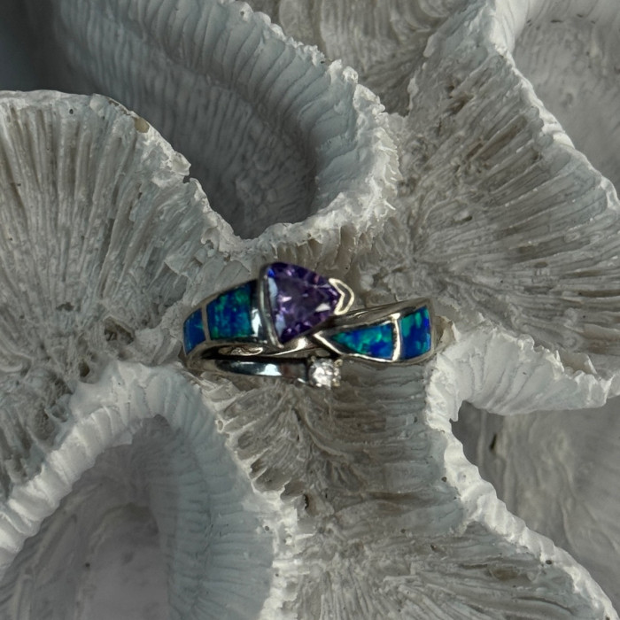 925 Sterling Silver Amethyst & Beryl & Opal Ring Size 7